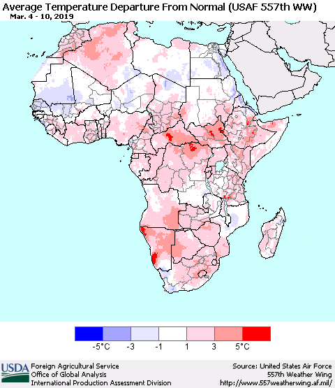 Africa Average Temperature Departure from Normal (USAF 557th WW) Thematic Map For 3/4/2019 - 3/10/2019