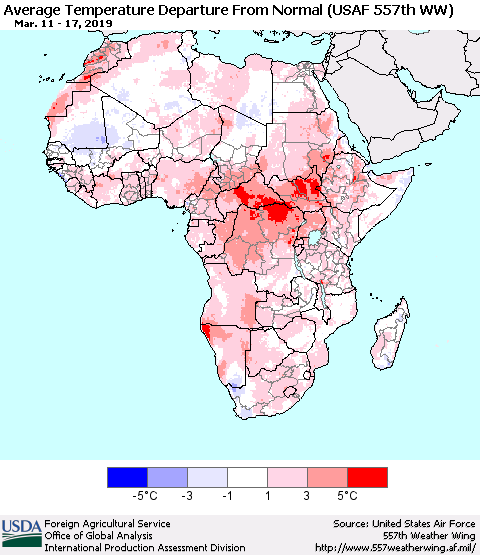 Africa Average Temperature Departure from Normal (USAF 557th WW) Thematic Map For 3/11/2019 - 3/17/2019