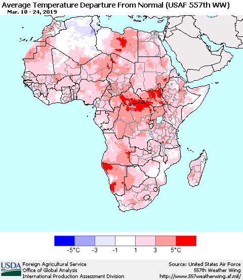 Africa Average Temperature Departure from Normal (USAF 557th WW) Thematic Map For 3/18/2019 - 3/24/2019