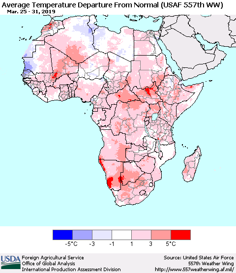 Africa Average Temperature Departure from Normal (USAF 557th WW) Thematic Map For 3/25/2019 - 3/31/2019