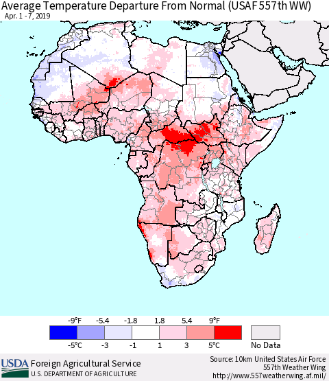 Africa Average Temperature Departure from Normal (USAF 557th WW) Thematic Map For 4/1/2019 - 4/7/2019