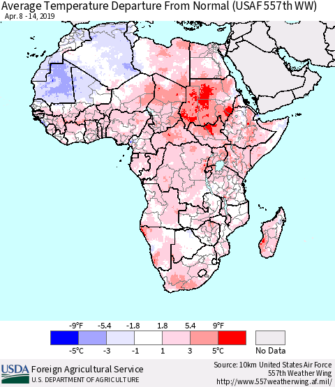 Africa Average Temperature Departure from Normal (USAF 557th WW) Thematic Map For 4/8/2019 - 4/14/2019