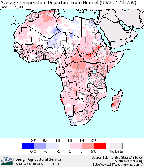 Africa Average Temperature Departure from Normal (USAF 557th WW) Thematic Map For 4/15/2019 - 4/21/2019