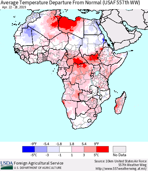 Africa Average Temperature Departure from Normal (USAF 557th WW) Thematic Map For 4/22/2019 - 4/28/2019