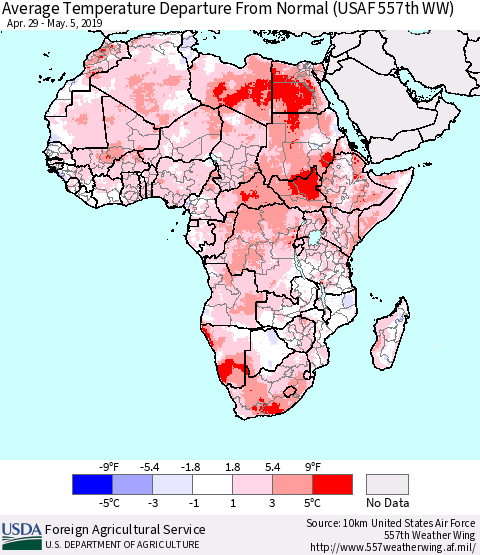 Africa Average Temperature Departure from Normal (USAF 557th WW) Thematic Map For 4/29/2019 - 5/5/2019