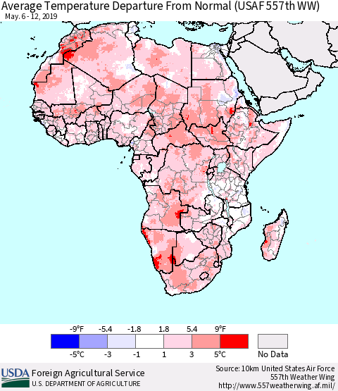 Africa Average Temperature Departure from Normal (USAF 557th WW) Thematic Map For 5/6/2019 - 5/12/2019