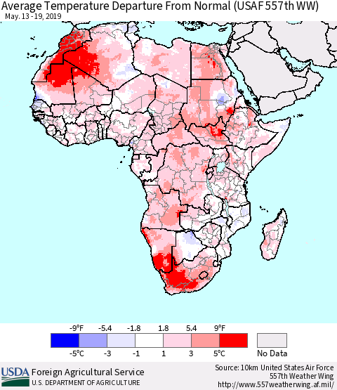 Africa Average Temperature Departure from Normal (USAF 557th WW) Thematic Map For 5/13/2019 - 5/19/2019