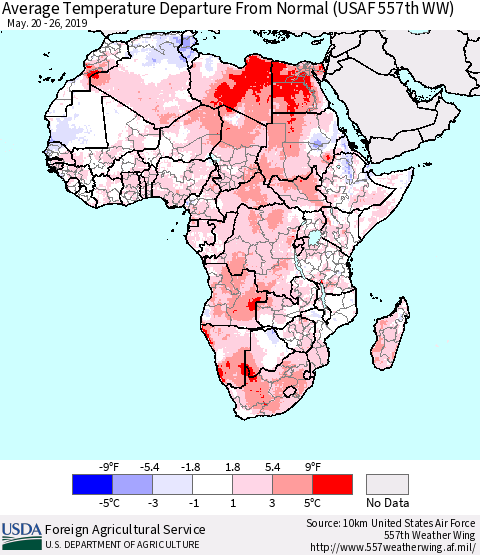 Africa Average Temperature Departure from Normal (USAF 557th WW) Thematic Map For 5/20/2019 - 5/26/2019