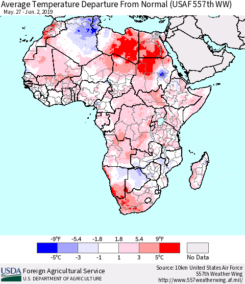 Africa Average Temperature Departure from Normal (USAF 557th WW) Thematic Map For 5/27/2019 - 6/2/2019