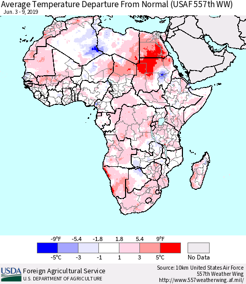 Africa Average Temperature Departure from Normal (USAF 557th WW) Thematic Map For 6/3/2019 - 6/9/2019