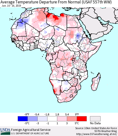 Africa Average Temperature Departure from Normal (USAF 557th WW) Thematic Map For 6/10/2019 - 6/16/2019