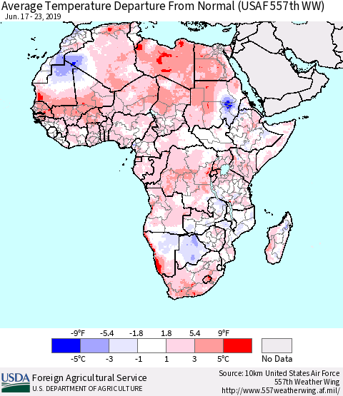 Africa Average Temperature Departure from Normal (USAF 557th WW) Thematic Map For 6/17/2019 - 6/23/2019