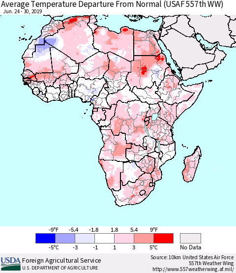 Africa Average Temperature Departure from Normal (USAF 557th WW) Thematic Map For 6/24/2019 - 6/30/2019