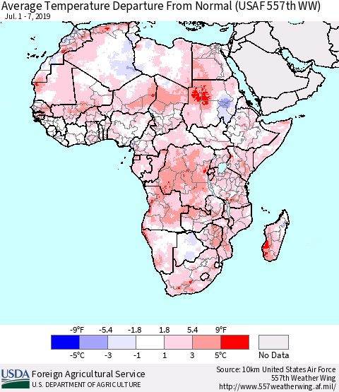 Africa Average Temperature Departure from Normal (USAF 557th WW) Thematic Map For 7/1/2019 - 7/7/2019