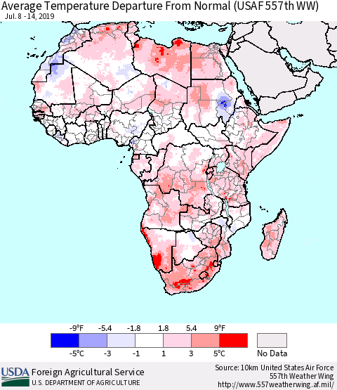 Africa Average Temperature Departure from Normal (USAF 557th WW) Thematic Map For 7/8/2019 - 7/14/2019
