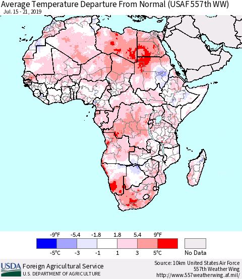 Africa Average Temperature Departure from Normal (USAF 557th WW) Thematic Map For 7/15/2019 - 7/21/2019