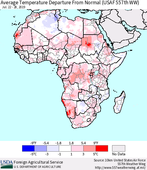 Africa Average Temperature Departure from Normal (USAF 557th WW) Thematic Map For 7/22/2019 - 7/28/2019