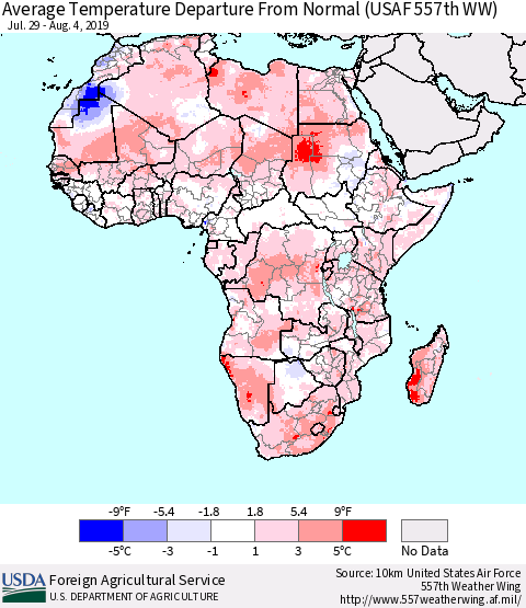Africa Average Temperature Departure from Normal (USAF 557th WW) Thematic Map For 7/29/2019 - 8/4/2019