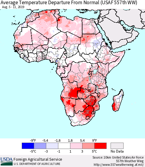 Africa Average Temperature Departure from Normal (USAF 557th WW) Thematic Map For 8/5/2019 - 8/11/2019
