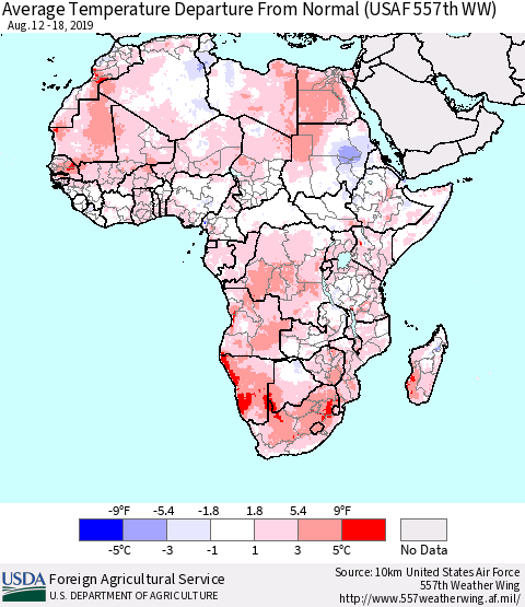 Africa Average Temperature Departure from Normal (USAF 557th WW) Thematic Map For 8/12/2019 - 8/18/2019