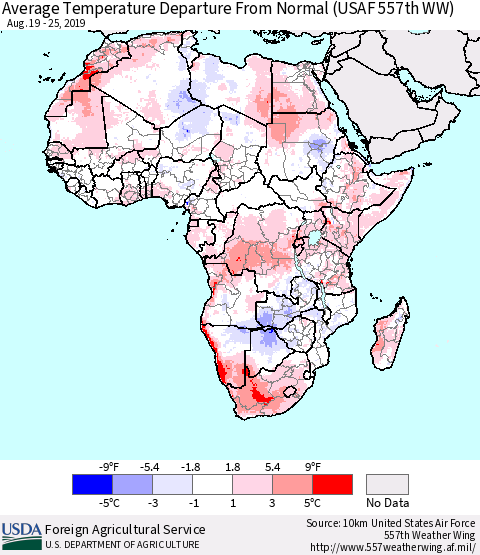 Africa Average Temperature Departure from Normal (USAF 557th WW) Thematic Map For 8/19/2019 - 8/25/2019