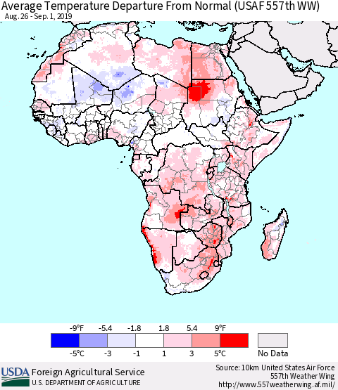 Africa Average Temperature Departure from Normal (USAF 557th WW) Thematic Map For 8/26/2019 - 9/1/2019