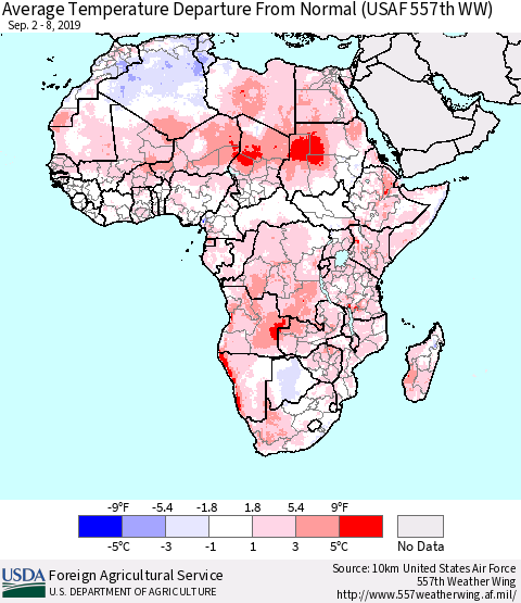 Africa Average Temperature Departure from Normal (USAF 557th WW) Thematic Map For 9/2/2019 - 9/8/2019