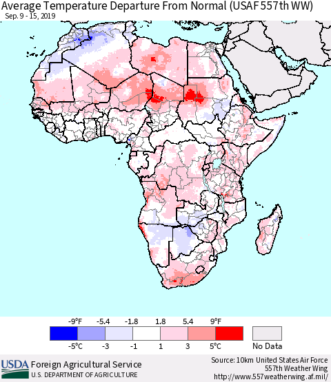 Africa Average Temperature Departure from Normal (USAF 557th WW) Thematic Map For 9/9/2019 - 9/15/2019