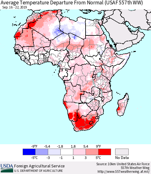 Africa Average Temperature Departure from Normal (USAF 557th WW) Thematic Map For 9/16/2019 - 9/22/2019