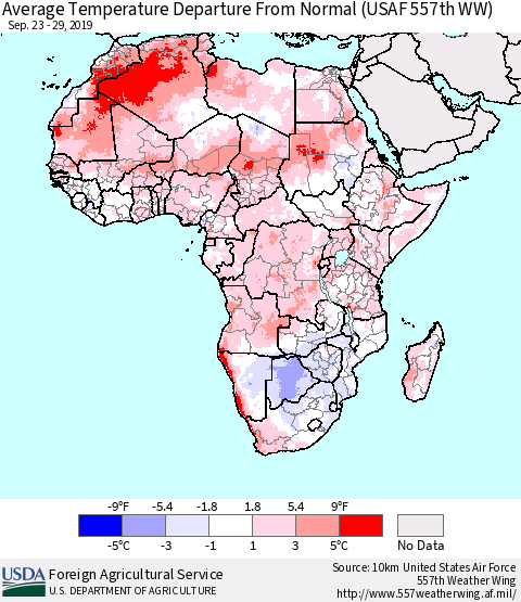 Africa Average Temperature Departure from Normal (USAF 557th WW) Thematic Map For 9/23/2019 - 9/29/2019