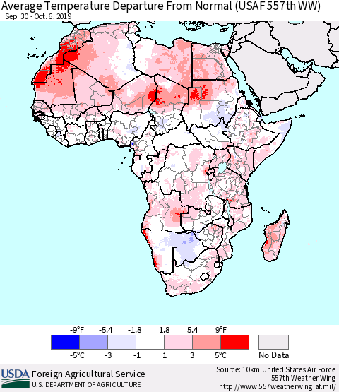 Africa Average Temperature Departure from Normal (USAF 557th WW) Thematic Map For 9/30/2019 - 10/6/2019