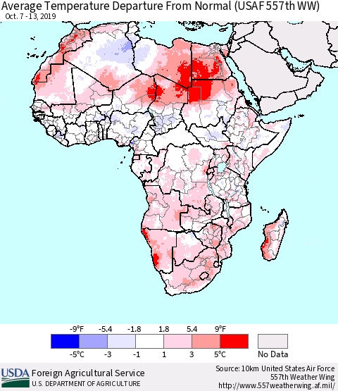 Africa Average Temperature Departure from Normal (USAF 557th WW) Thematic Map For 10/7/2019 - 10/13/2019