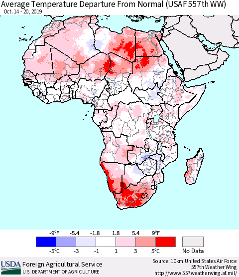 Africa Average Temperature Departure from Normal (USAF 557th WW) Thematic Map For 10/14/2019 - 10/20/2019