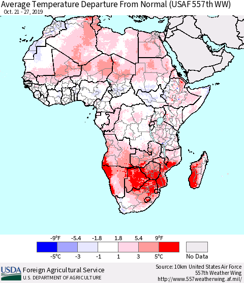 Africa Average Temperature Departure from Normal (USAF 557th WW) Thematic Map For 10/21/2019 - 10/27/2019