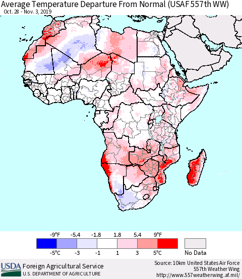 Africa Average Temperature Departure from Normal (USAF 557th WW) Thematic Map For 10/28/2019 - 11/3/2019