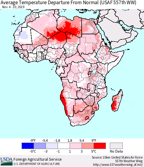 Africa Average Temperature Departure from Normal (USAF 557th WW) Thematic Map For 11/4/2019 - 11/10/2019