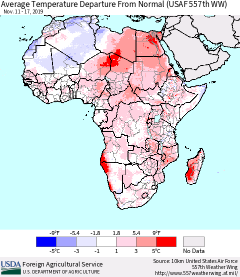 Africa Average Temperature Departure from Normal (USAF 557th WW) Thematic Map For 11/11/2019 - 11/17/2019