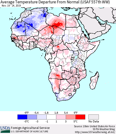 Africa Average Temperature Departure from Normal (USAF 557th WW) Thematic Map For 11/18/2019 - 11/24/2019