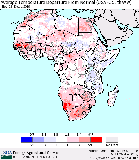 Africa Average Temperature Departure from Normal (USAF 557th WW) Thematic Map For 11/25/2019 - 12/1/2019