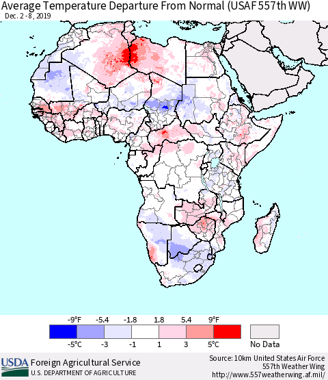 Africa Average Temperature Departure from Normal (USAF 557th WW) Thematic Map For 12/2/2019 - 12/8/2019