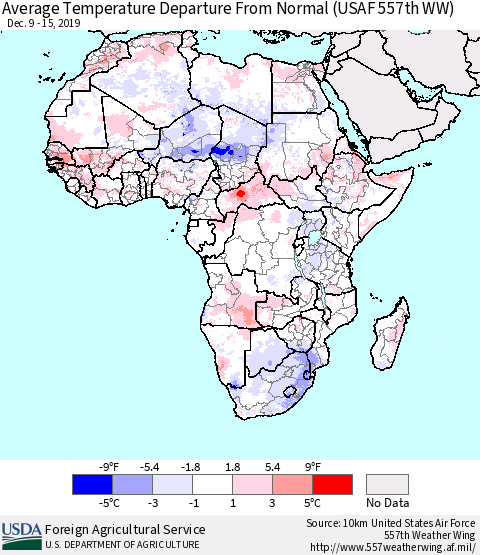 Africa Average Temperature Departure from Normal (USAF 557th WW) Thematic Map For 12/9/2019 - 12/15/2019