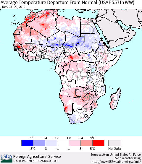 Africa Average Temperature Departure from Normal (USAF 557th WW) Thematic Map For 12/23/2019 - 12/29/2019