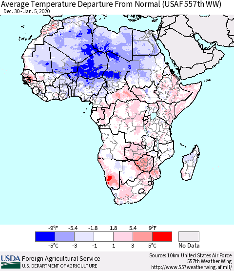 Africa Average Temperature Departure from Normal (USAF 557th WW) Thematic Map For 12/30/2019 - 1/5/2020