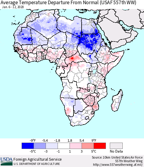 Africa Average Temperature Departure from Normal (USAF 557th WW) Thematic Map For 1/6/2020 - 1/12/2020