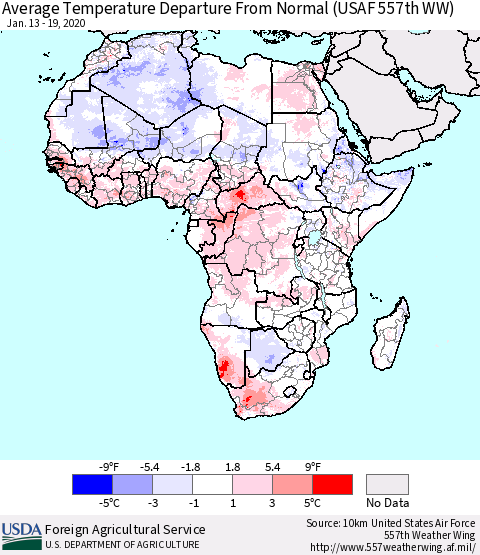 Africa Average Temperature Departure from Normal (USAF 557th WW) Thematic Map For 1/13/2020 - 1/19/2020