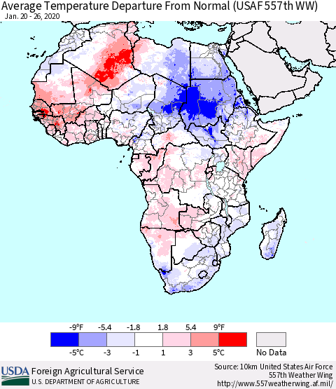 Africa Average Temperature Departure from Normal (USAF 557th WW) Thematic Map For 1/20/2020 - 1/26/2020