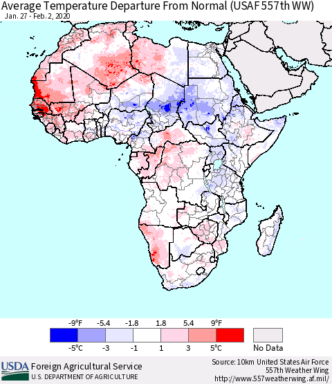 Africa Average Temperature Departure from Normal (USAF 557th WW) Thematic Map For 1/27/2020 - 2/2/2020