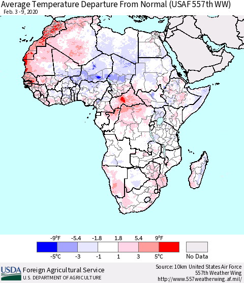 Africa Average Temperature Departure from Normal (USAF 557th WW) Thematic Map For 2/3/2020 - 2/9/2020