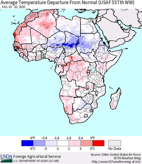 Africa Average Temperature Departure from Normal (USAF 557th WW) Thematic Map For 2/10/2020 - 2/16/2020
