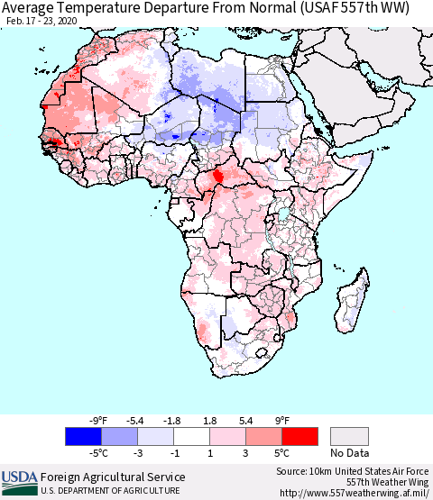 Africa Average Temperature Departure from Normal (USAF 557th WW) Thematic Map For 2/17/2020 - 2/23/2020